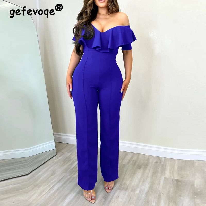 

Women's Ruffle Sexy Deep V-neck Backless Elegant Party Jumpsuit Summer Fashion Solid Short Sleeve Slim Rompers High Waist Pants