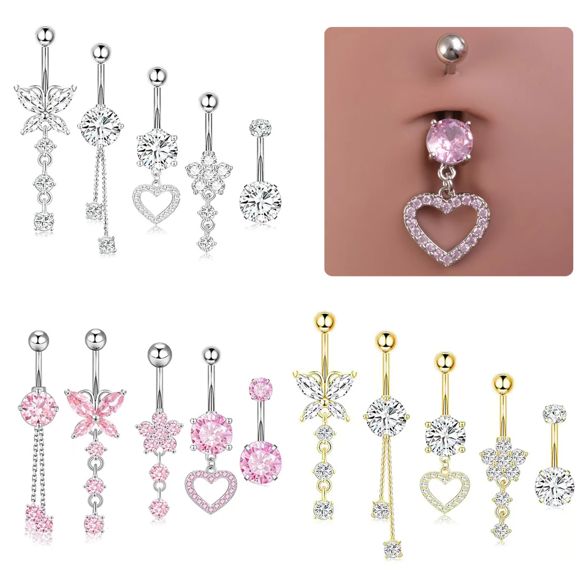1/5 Stück baumelnder Bauchnabelpiercing-Anhänger aus Edelstahl für Damen – Körperschmuck für Alltag & Party