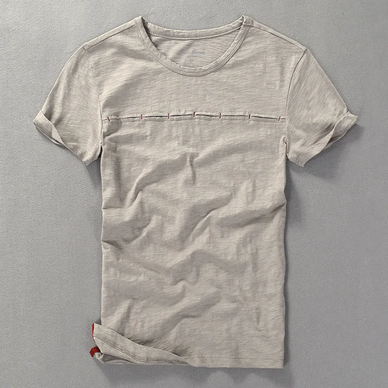 Men's Slub Cotton Short Sleeve T-shirt Vintage Crew Neck Solid Color Tees Casual Slim Fit Stitch Detail Summer Tops For Men
