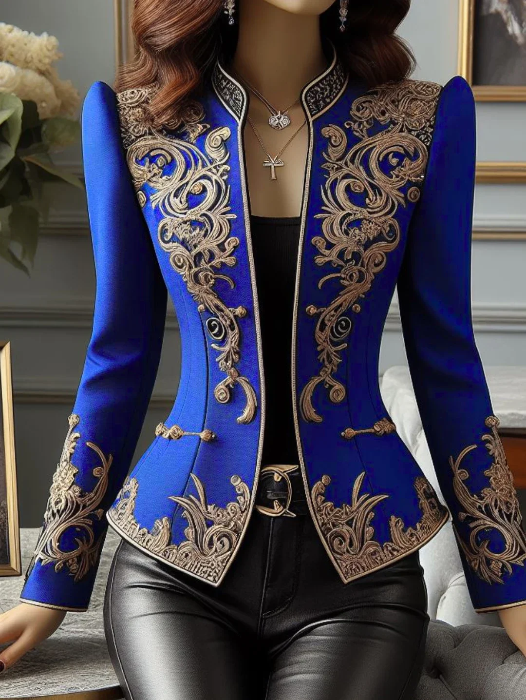 2024 Elegant Chic Jacket Women Vintage Floral Stand Collar Slim Waist Design Asymmetric Loose Long Sleeves Tops Blazers Coats