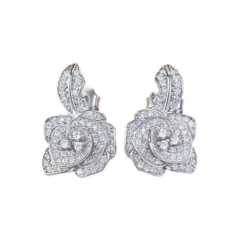 New 100% S925 Silver Light Luxury Premium Small Fragrant Wind Camellia Earrings Exquisite temperament Rose Wedding Jewelry