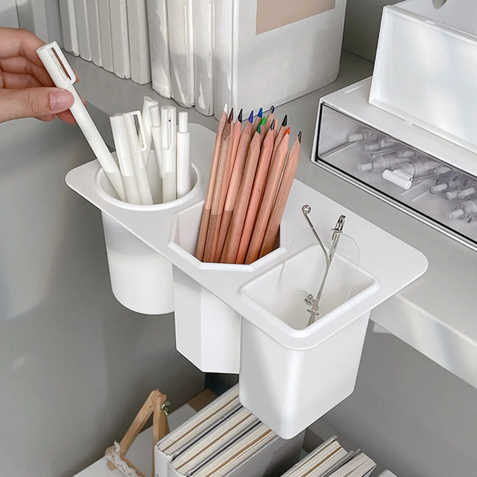 Desk Side Storage Box 3-Compartment Desktop Organizer Pen Holder Multi-Functional Stationery Container Home Office Use