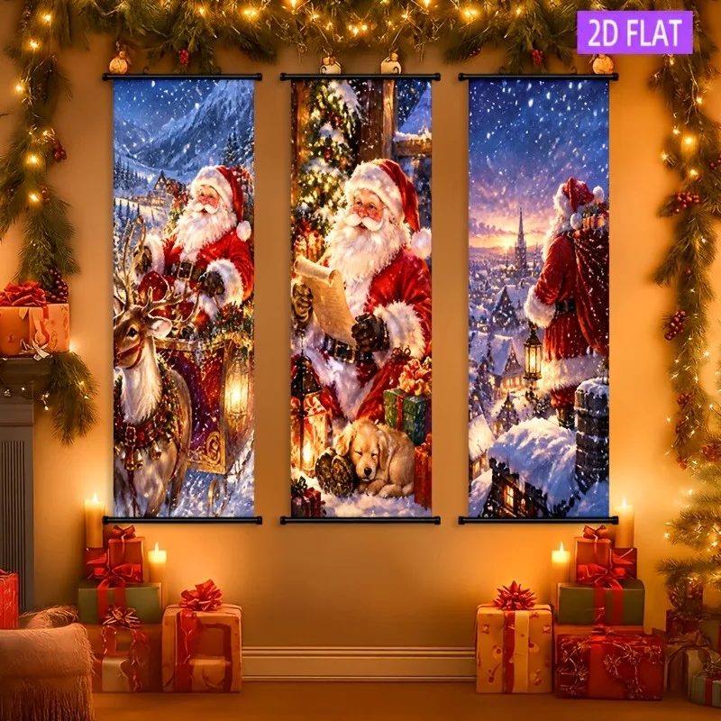 VIKAMA 3PCS Christmas Wall Banner Set, Santa Snowman Reindeer Warm Indoor Scroll Tapestry for Xmas Living Room Decor