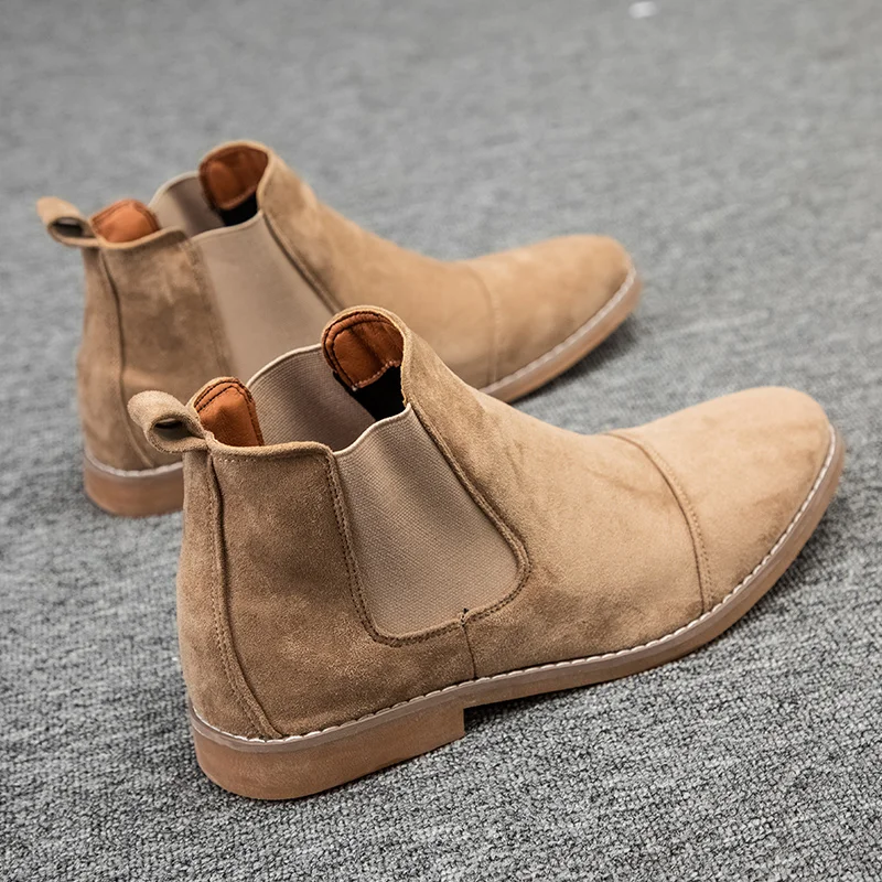 Fashion Khaki Chelsea Boots Men British Style High Top Suede Leather Shoes for Men Lace-up Pointed Toe Design Men's Ankle Boot
