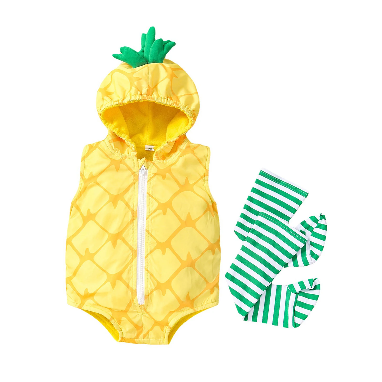 

Toddler Baby Boys Girls One-piece Cartoon Pineapple Avocado Rugby Cosplay Costume Sleeveless Hoodies Zipper Bodysuit with Sock