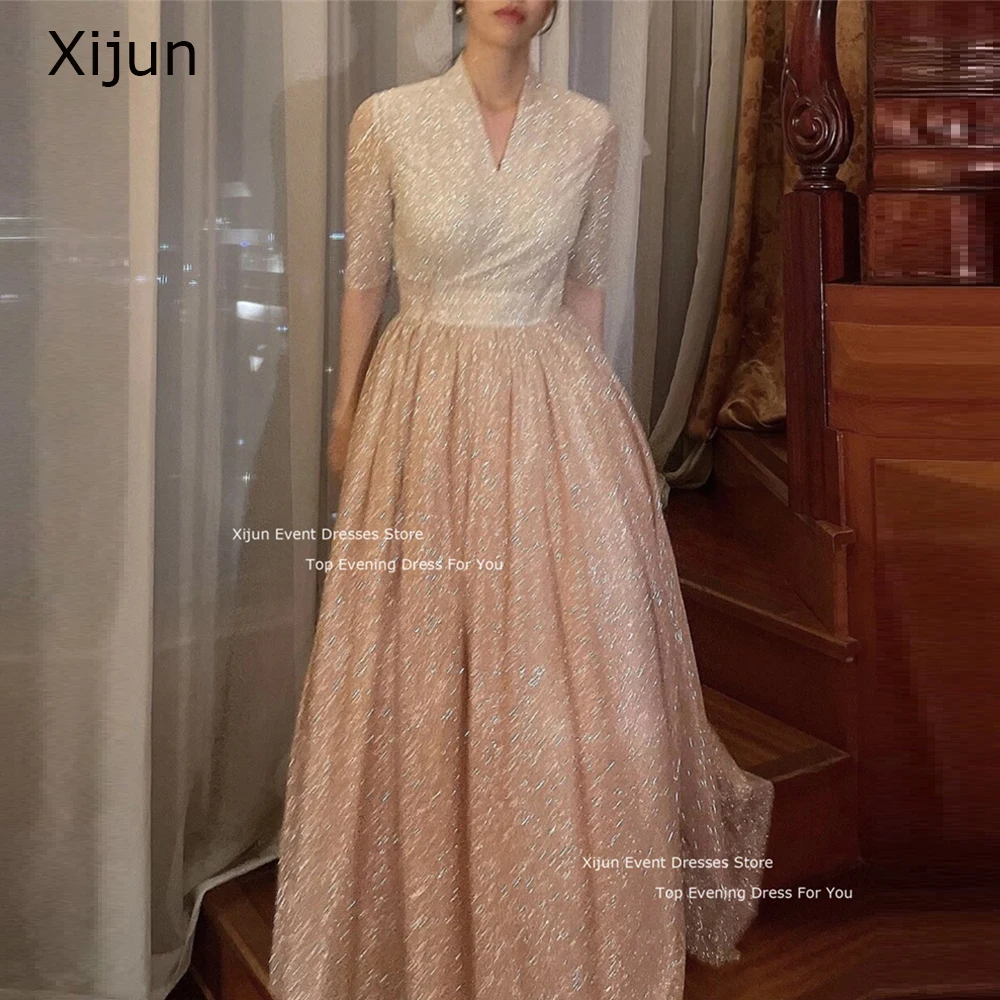 Xijun Glitter A-Line Wedding Dresses Half Sleeves V-Neck Korean Bridal Gowns Elegant Formal Occasion Prom Dresses Ankle Length