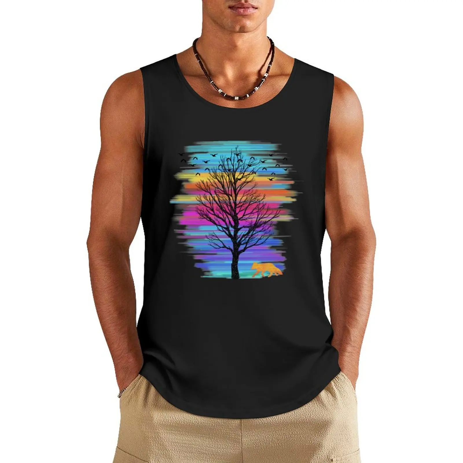 

The Fox & the tree at sunset Tank Top gym clothing men T-shirts men