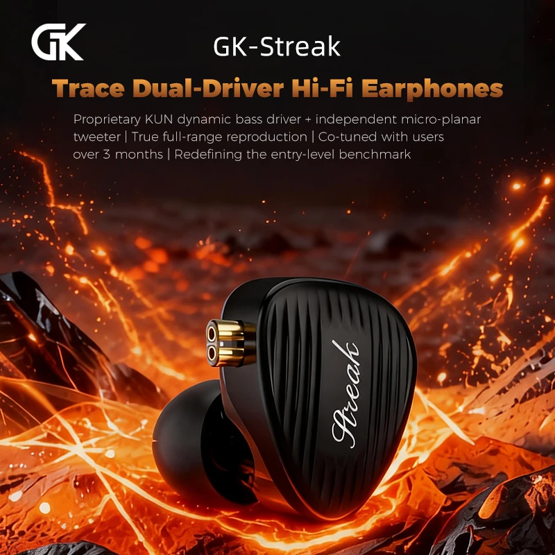 GK Streak HiFi Wired In Ear Earphones Dual Driver KUN Dynamic Bass Unit Micro Planar Tweeter Full Frequency Sound Resin Cavity