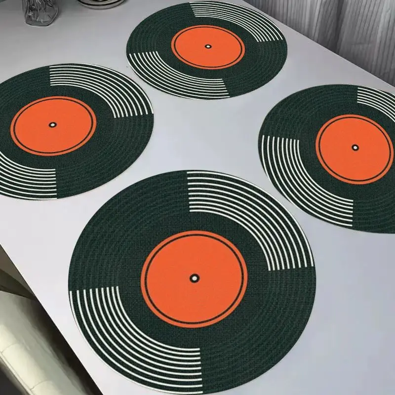 VIKAMA Retro Vinyl Record Circular Linen Placemats, Heat Resistant Washable for Dining Table Home Decor