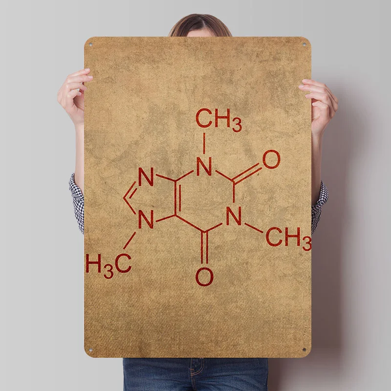 Caffeine Molecule Tinplate Poster Custom Wall Art Vintage Metal Signs Retro Tin Plaque for Home and Decoration Gaming Desk Decor