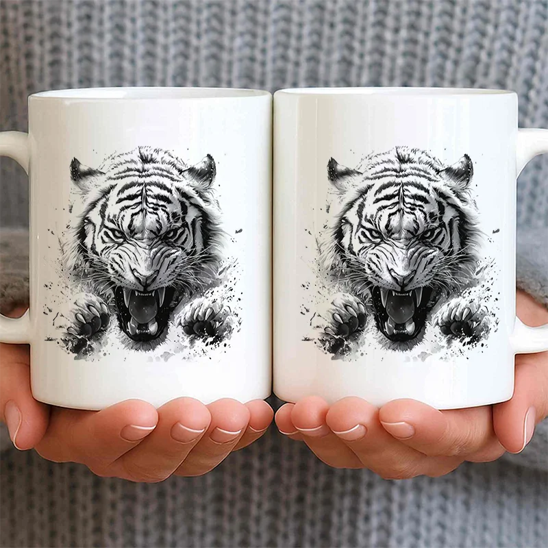 Black White Tiger Head Colorful Print Ceramic Coffee Mug 11oz 350ml Personalized Custom Mug Microwave Safe Cute Aesthetic Mug Bi
