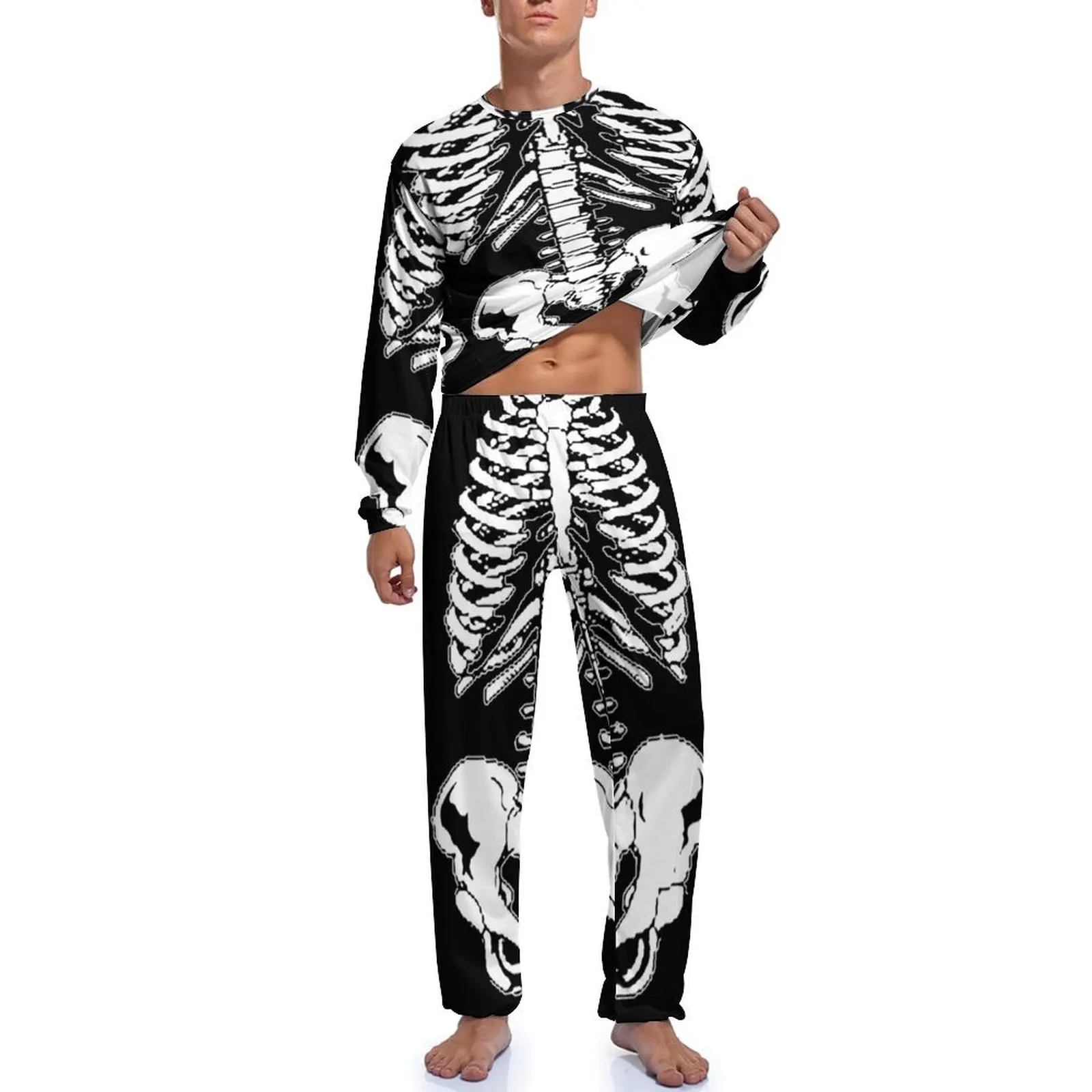 Halloween Skeleton Pajamas Men Rib Cage and Pelvis Spooky Warm Sleepwear Spring Long Sleeve 2 Pieces Casual Printed Pajamas Set