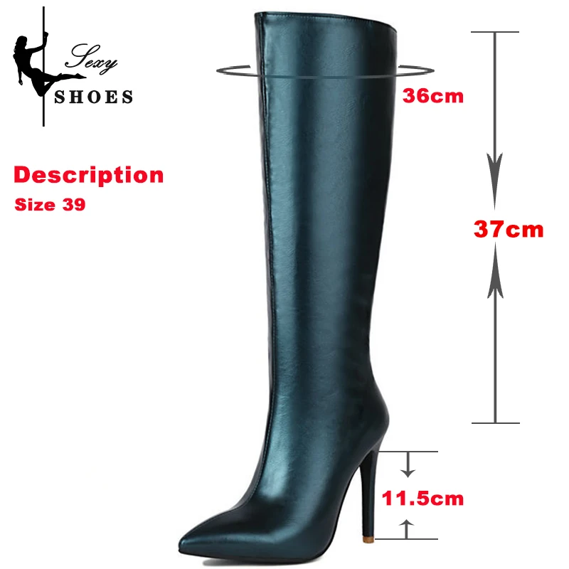 2023 Sexy Knee-High Autumn Winter Women\'s Boots Point Toe Green Color Zip Thin High Heeled Stretch Boots Size 46 Ladies Stiletto