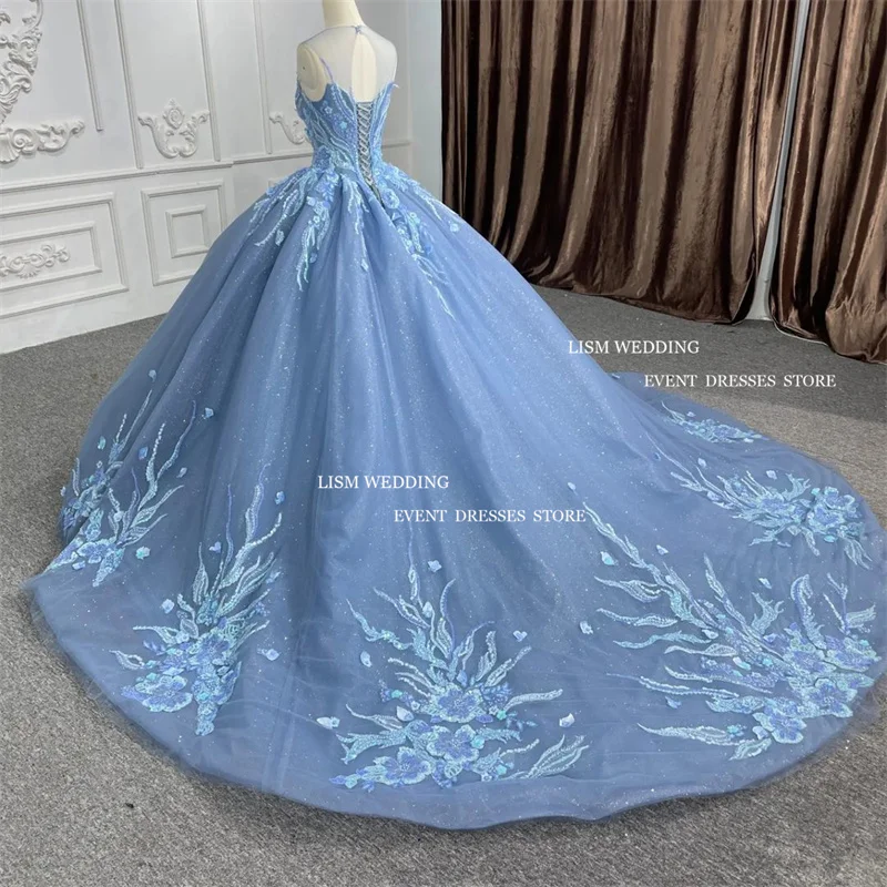 LISM-vestido de lantejoulas Quinceanera, lindo aplique de renda, vestido de baile com espartilho com gola o pescoço, personalizado, 15, 2020