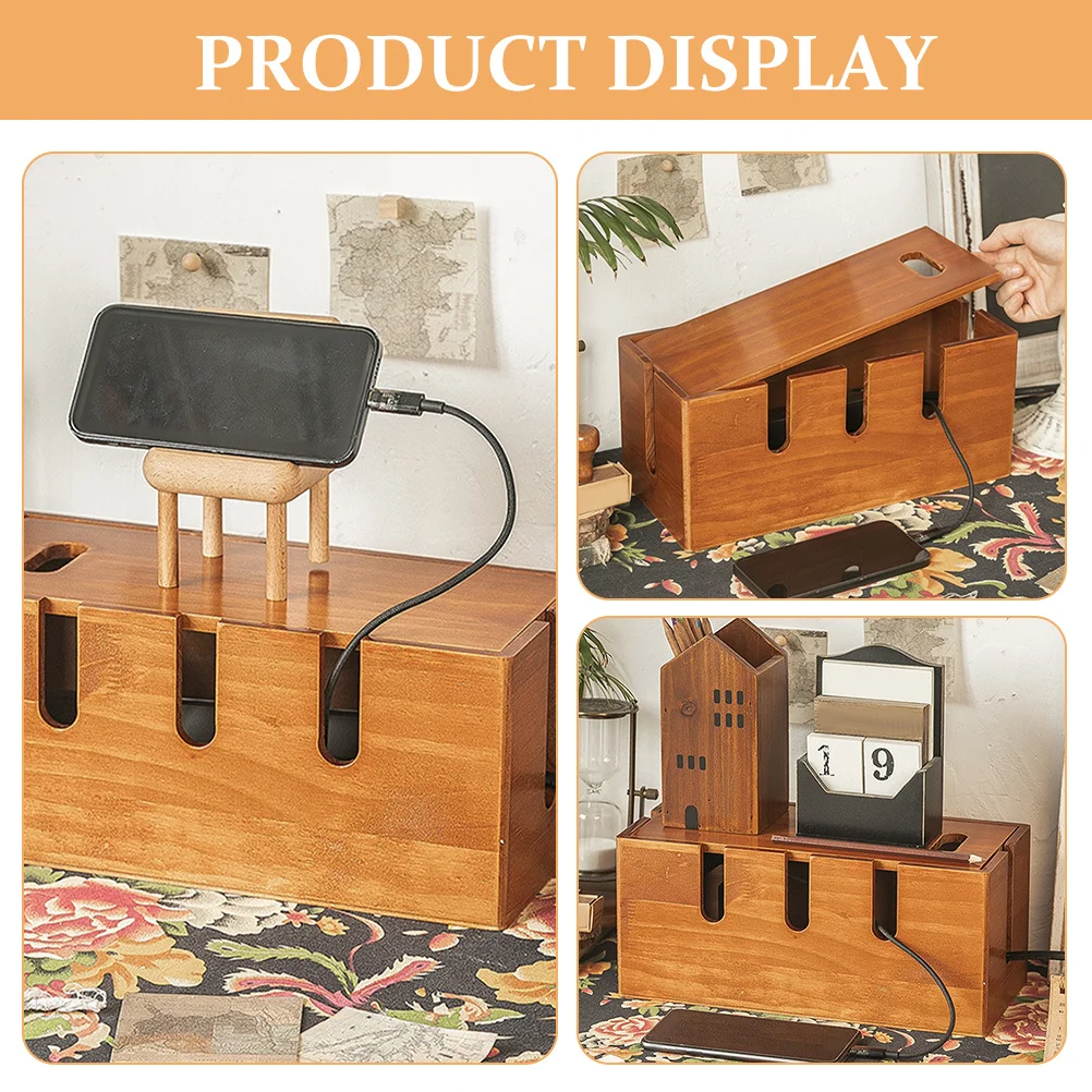 Wooden Cable Box Large Capacity Desk Cord Storage Management Hider Power Strip Case Power Cord Organizer Cables