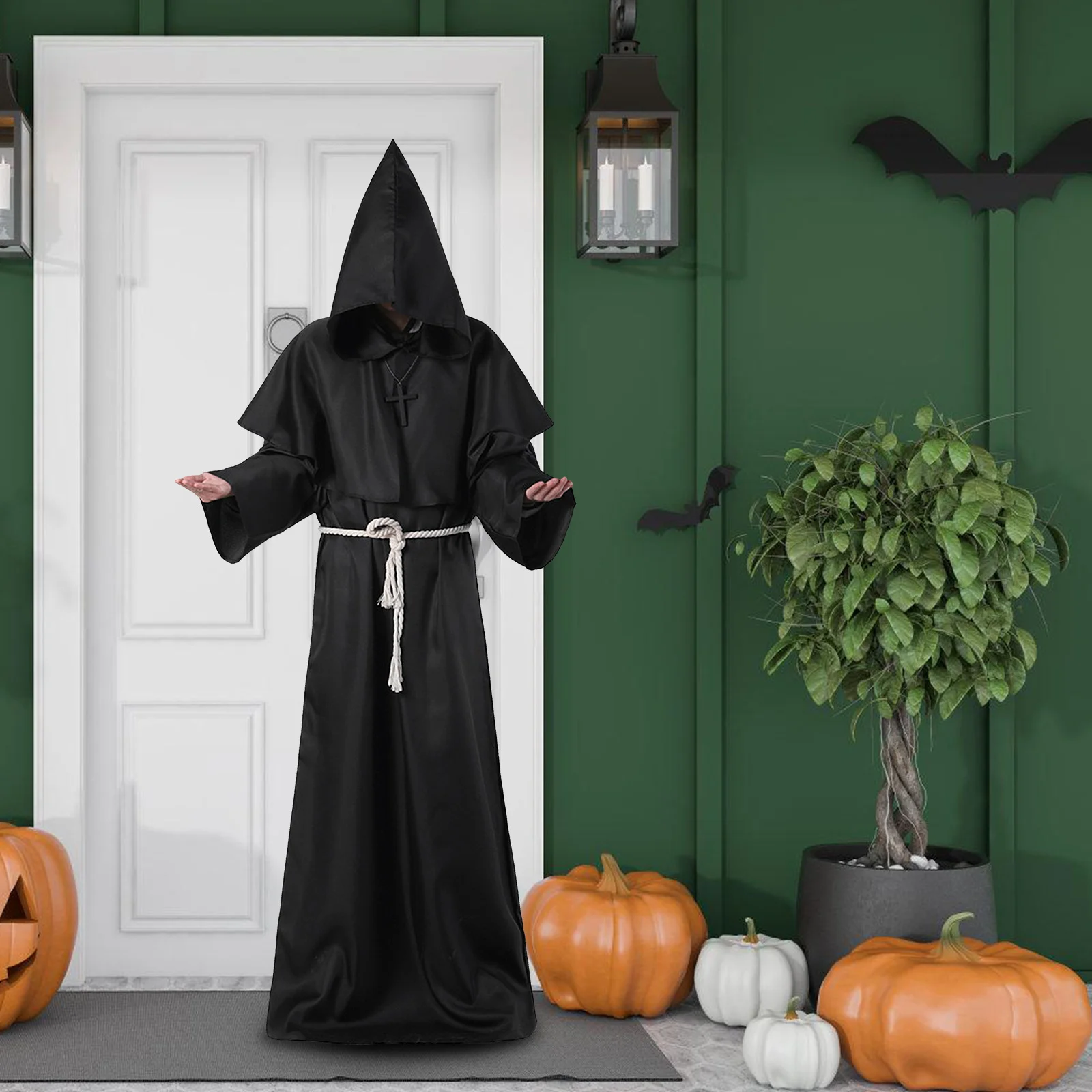 Costumi per costumi di famiglia divisi di Halloween Abito da mago Mantello medievale con cappuccio Sacerdote