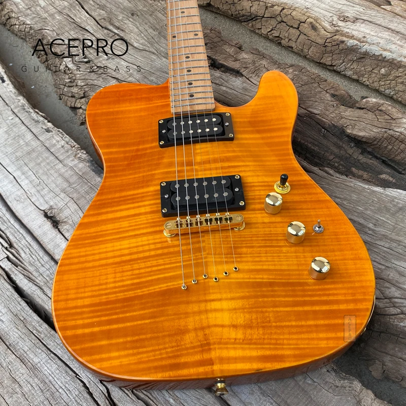 Acepro Electric Guitar, Yellow Flame Maple, Curved Top, Stainless Steel Frets, Mahogany Body, Roasted Maple Neck, Gold Hardware