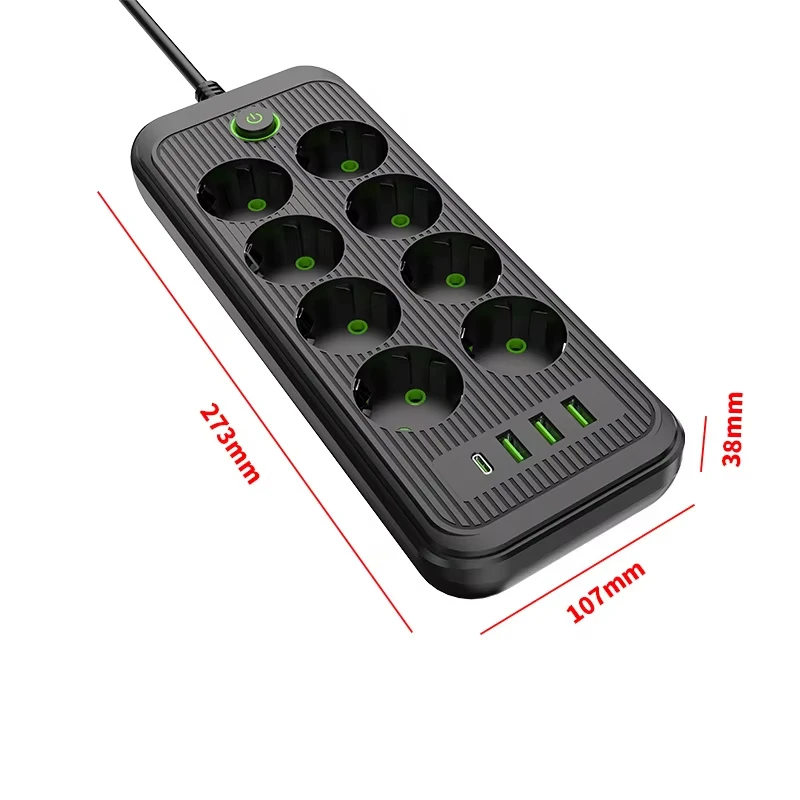 2500W EU Extension Socket Multi-Port AC Power Outlet with USB Connector 2M Extension Cord Household Power Plug Charge Protection