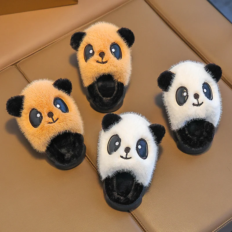 New Winter Warm Cute Cartoon Panda Indoor Mule Soft Non-slip Kids Fluffy Slippers For Boys And Girls Children Home Cotton Shoes