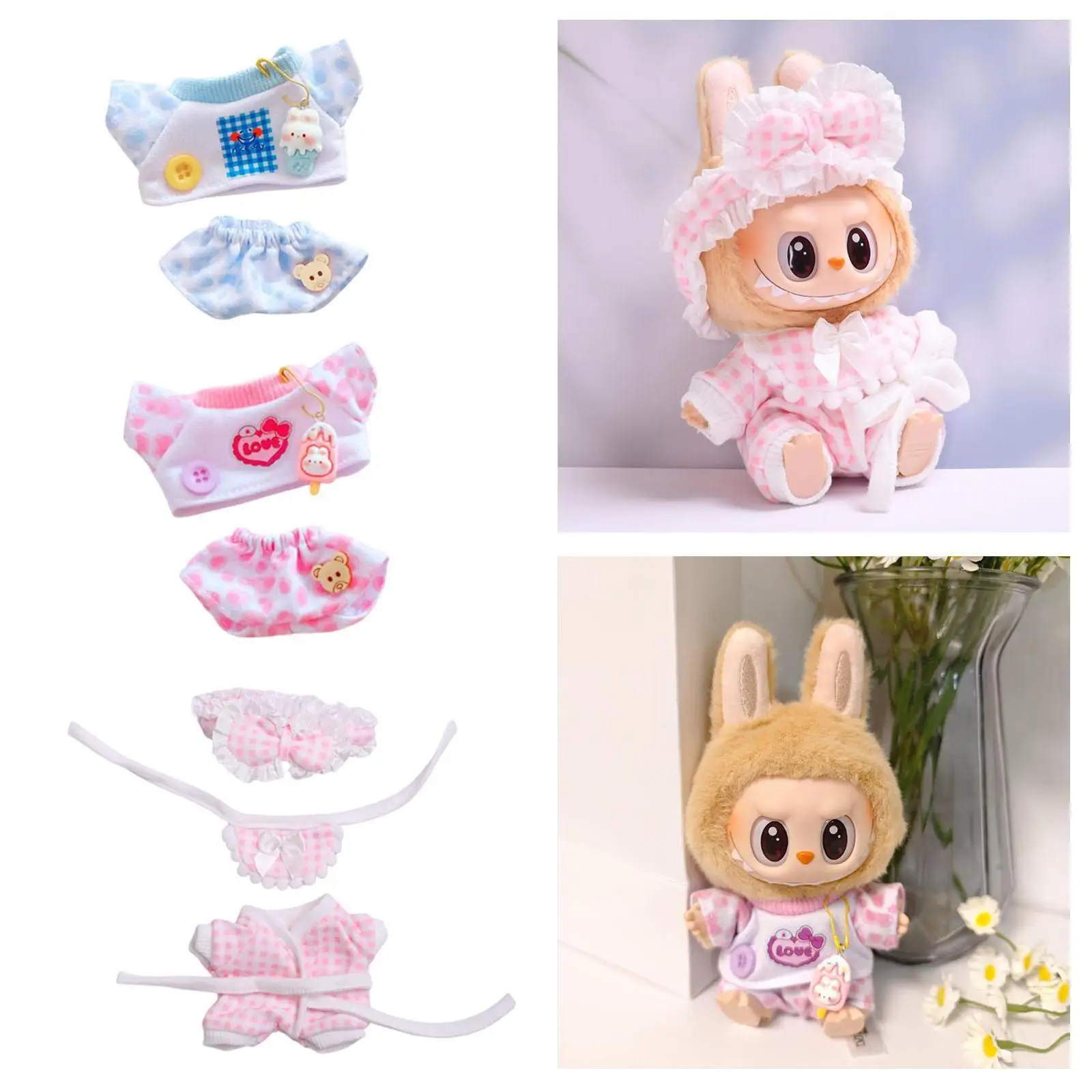 Camisa de muñeca de peluche, pantalones, ropa para muñeca, decoración suave para niñas pequeñas, vestido desmontable, trajes de muñeca con colgante para muñeca de 15cm