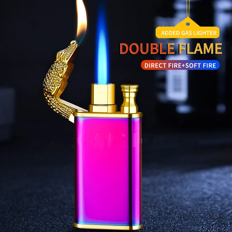 Creative Dragon Double Fire Lighter Blue Flame Metal Crocodile Lighter Butane Jet Turbo Lighter Open Fire Conversion Lighter