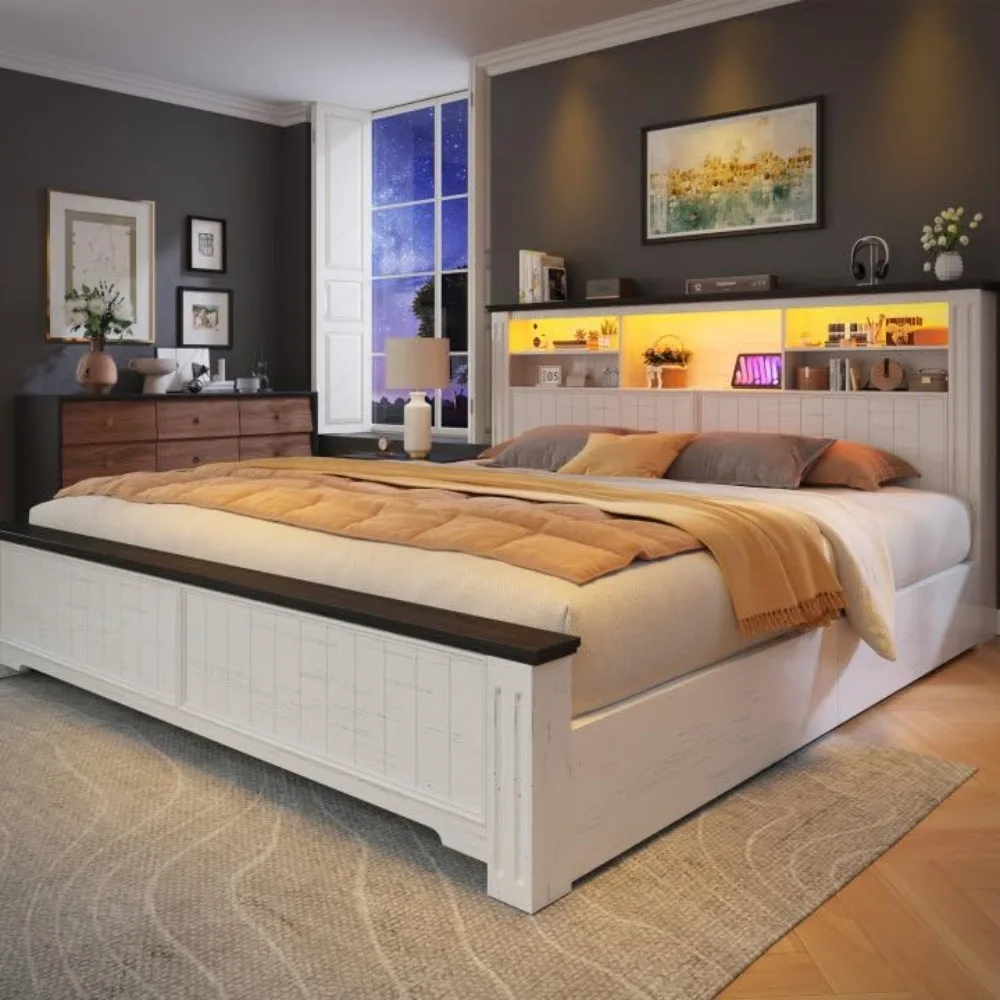 

king size bed frame with headboard, storage drawers, charging port, and led lighting - farmhouse style
