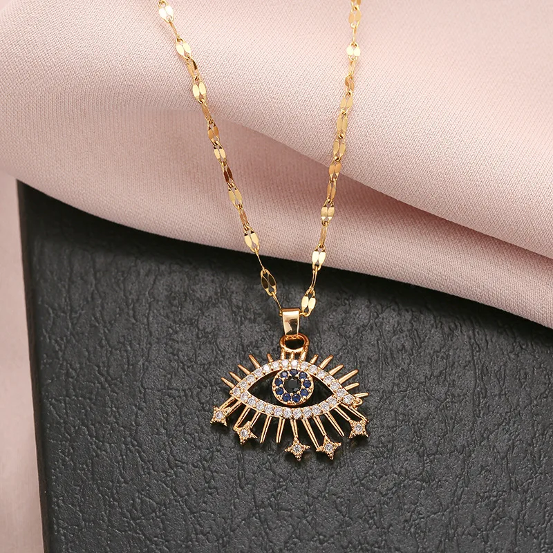 DIEYURO 316L Stainless Steel Evil Eye Zircon Necklace For Women Fashion Girls Clavicle Chain Vintage Female Body Jewelry Gift
