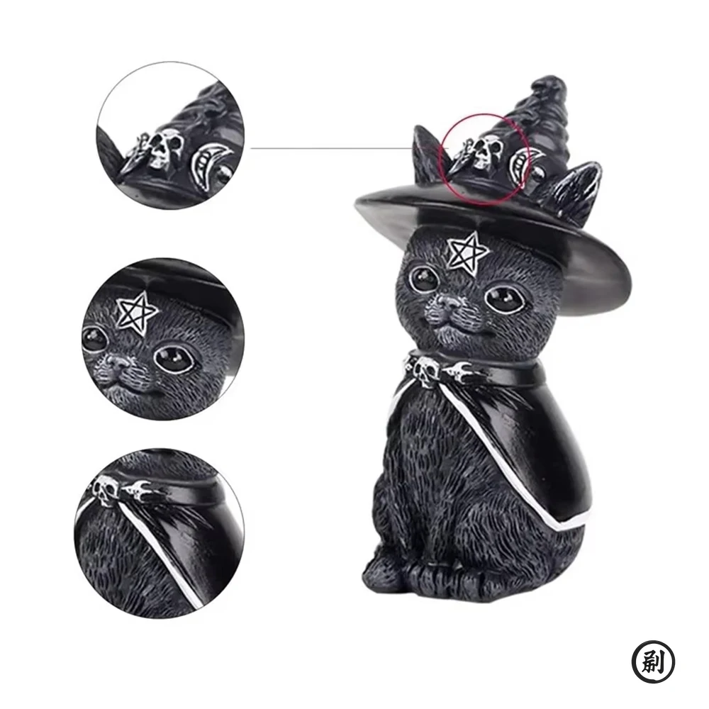 Black Cat Statue Mysterious Cute Cat Witch Cat Figurine Witches Decor Desk Ornament Hand-Painted Sculpture for Halloween 1PC