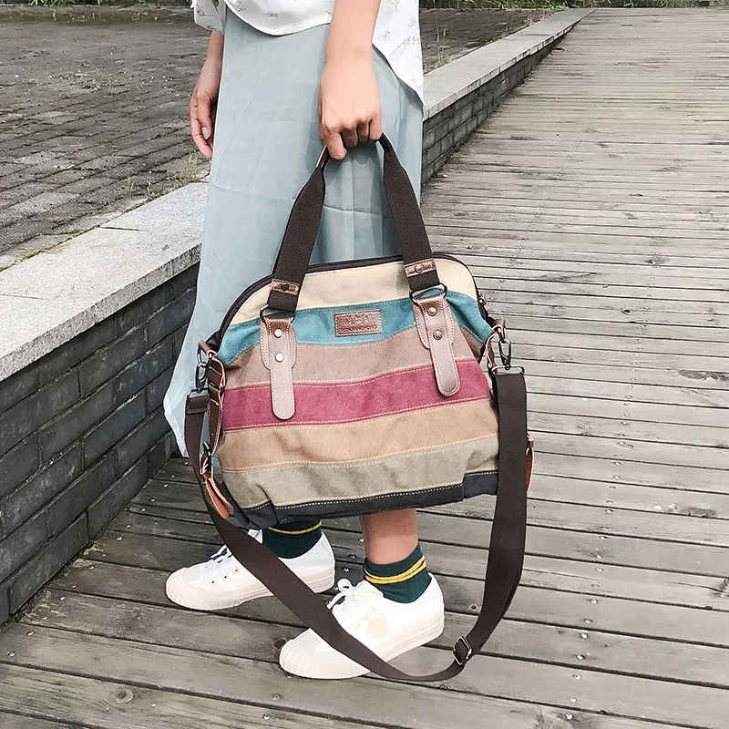 Women Shoulder Bags Satchel Stripe Canvas Handbag Retro Messenger Crossbody Bag Female Large Capacity Tote Bags Dropshipping