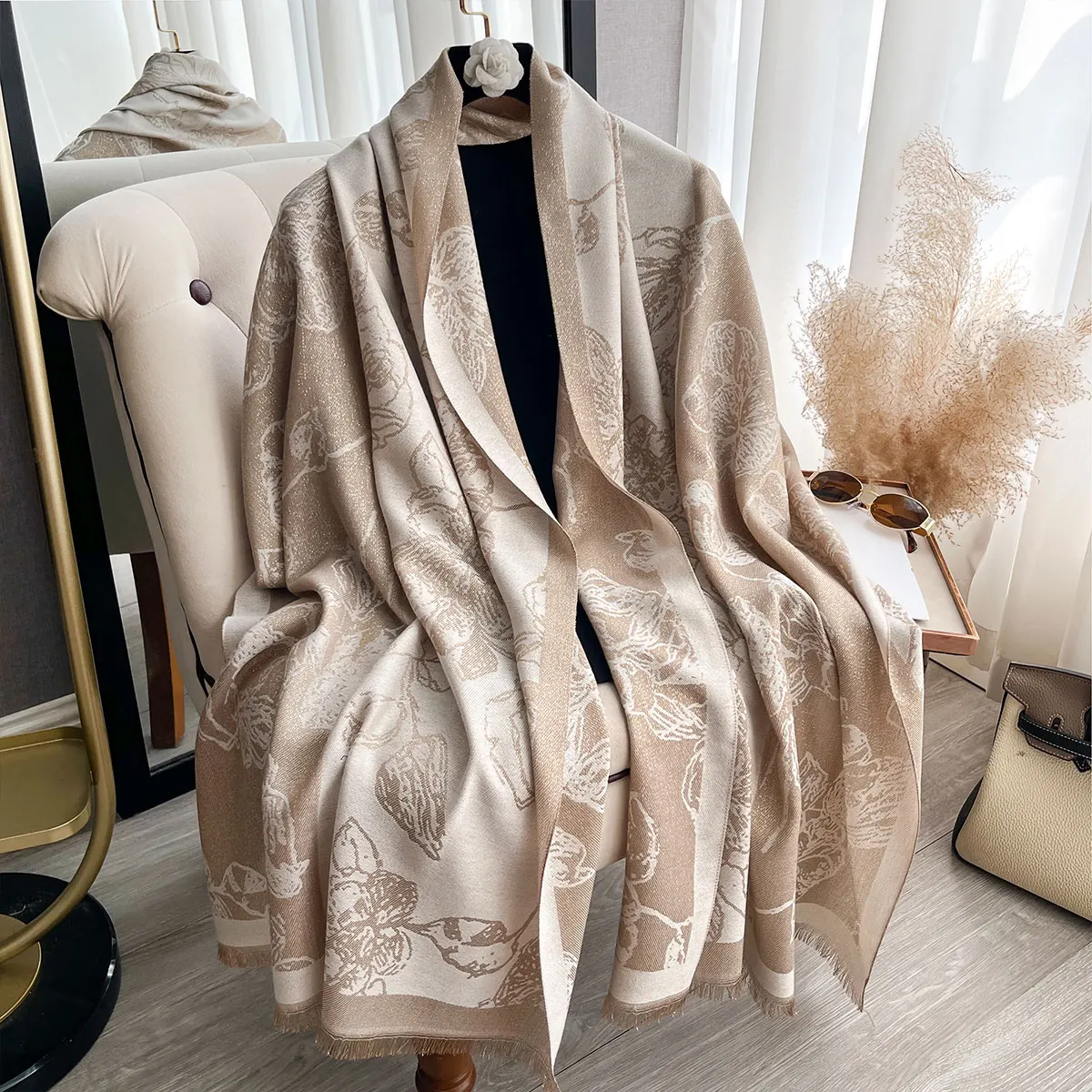 

Женская весенне-осенняя элегантная шаль для защиты от солнца, дизайнерский женский длинный шарф с золотой нитью, мусульманский платок, пашмина