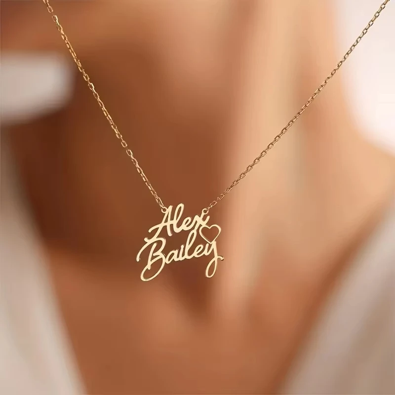 

Customized Couple Name Necklace Like "Alex & Bailey" Heart Stainless Steel Pendant Necklace Elegant Unique Gift For Girlfriend