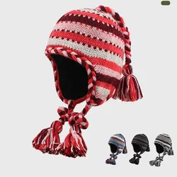Handmade Long Braids Rainbow Contrasting Color Wool Hat Female Ethnic Style Autumn Winter Velvet Warm Versatile Ear Bomber Hat