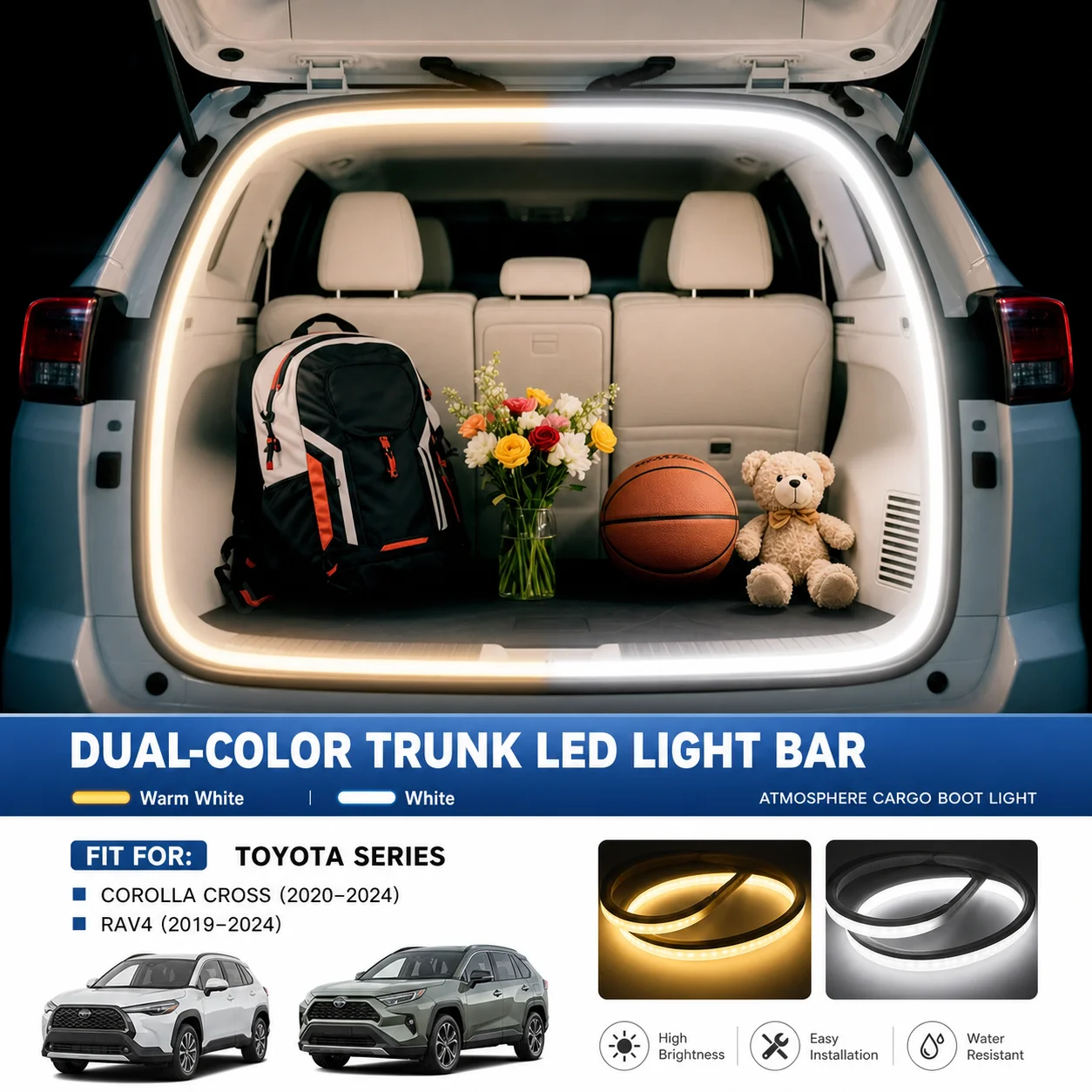 Dual-Color Trunk LED Light Bar White/Warm White Atmosphere Cargo Boot Light For Toyota Series Corolla Cross RAV4 Modification