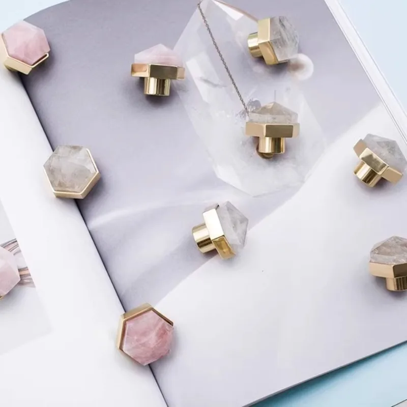 Brass Natural Crystal Handles Wardrobe Kitchen Hardware Furniture Hexagonal Small Handles Nordic Light Luxury Cabinet Door Knobs
