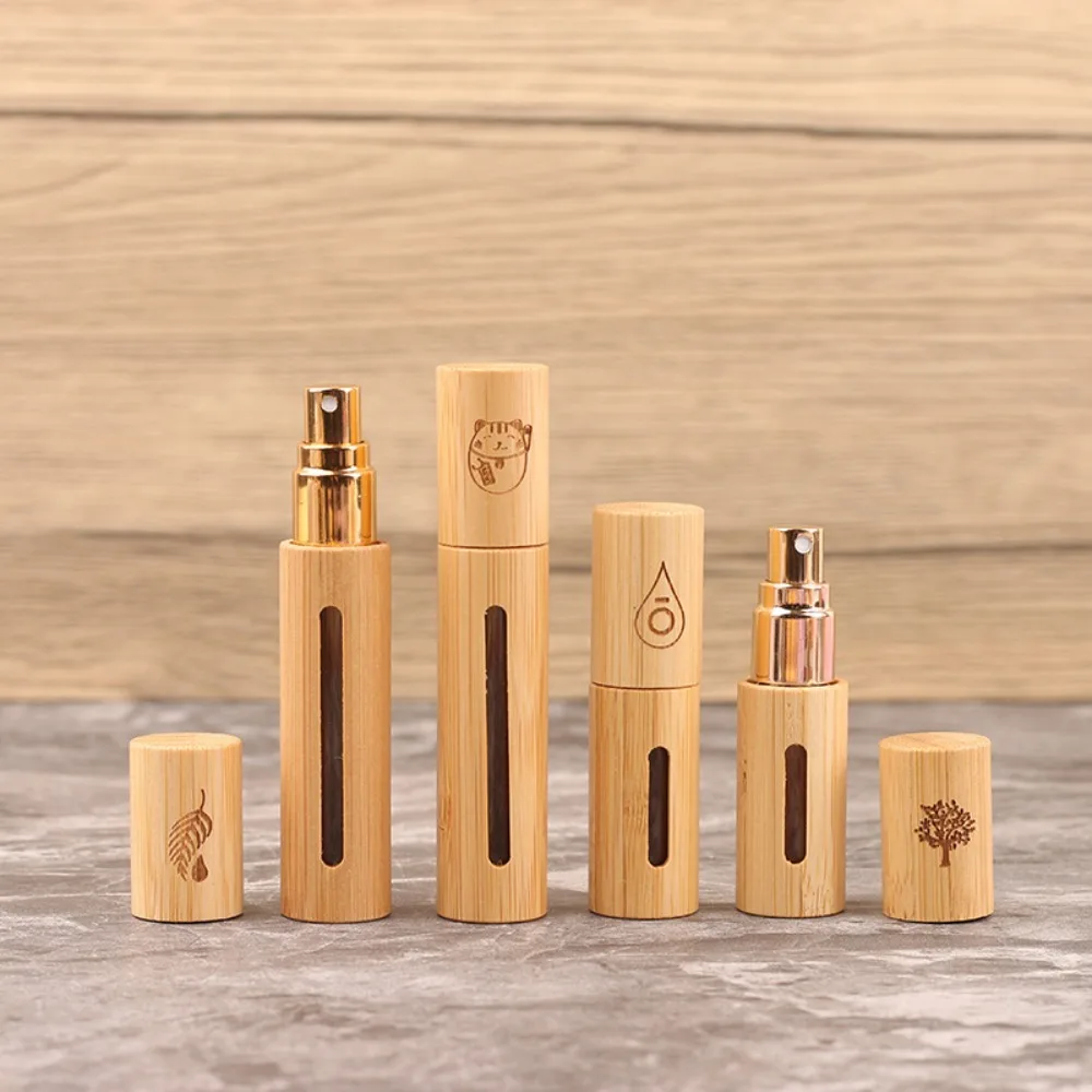 Portable Bamboo Perfume Spray Bottle Mini Sub-Bottling Liquid Container Press Type Empty Refillable Bottle Travel