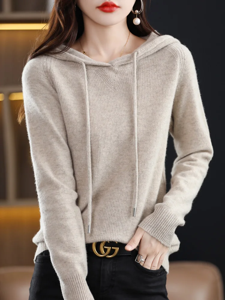 Autumn Winter Women Casual Hoodie 100% Merino Wool Pullover Sweater Raglan Sleeve Pure Colors Cashmere Knitwear Female Clothing