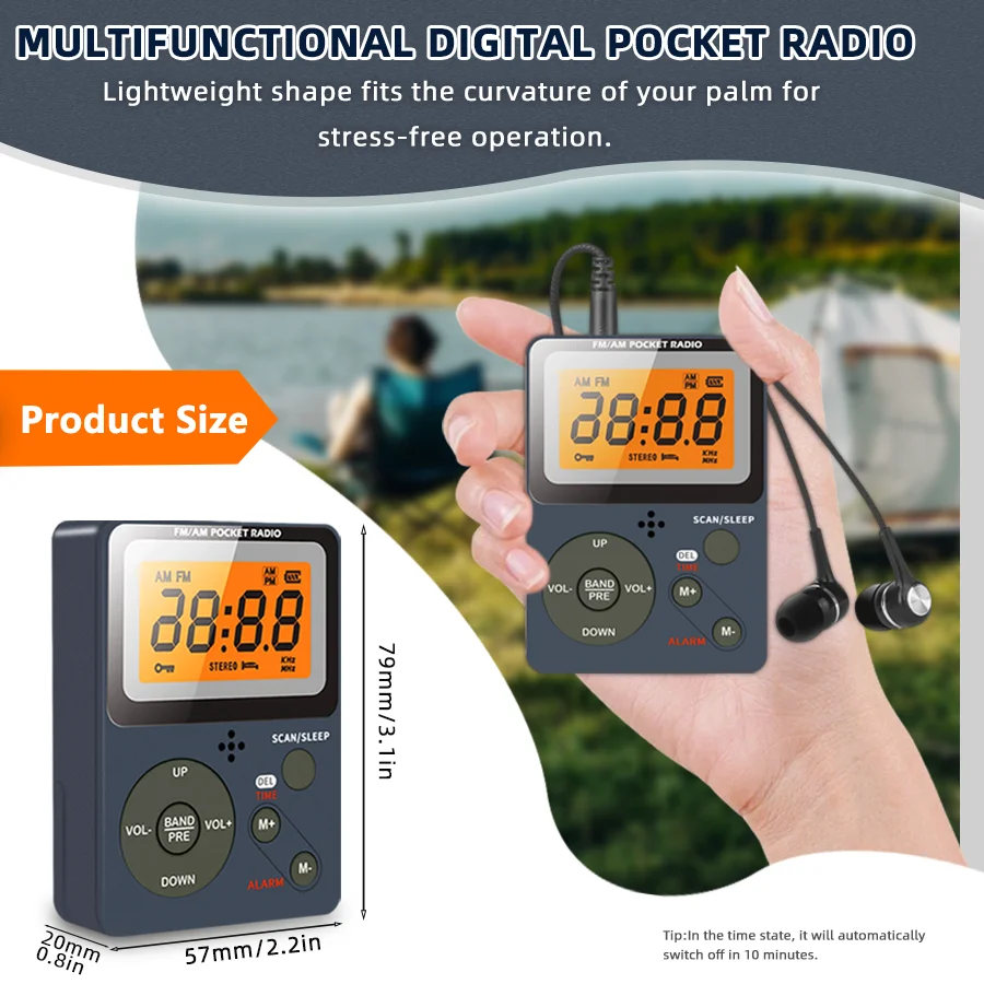 Digital Radio, FM/AM, 2 Band Stereo Music Receiver, Portable Pocket Radio with Headphones, LCD Screen, 2xAAA Dry Battery Powered