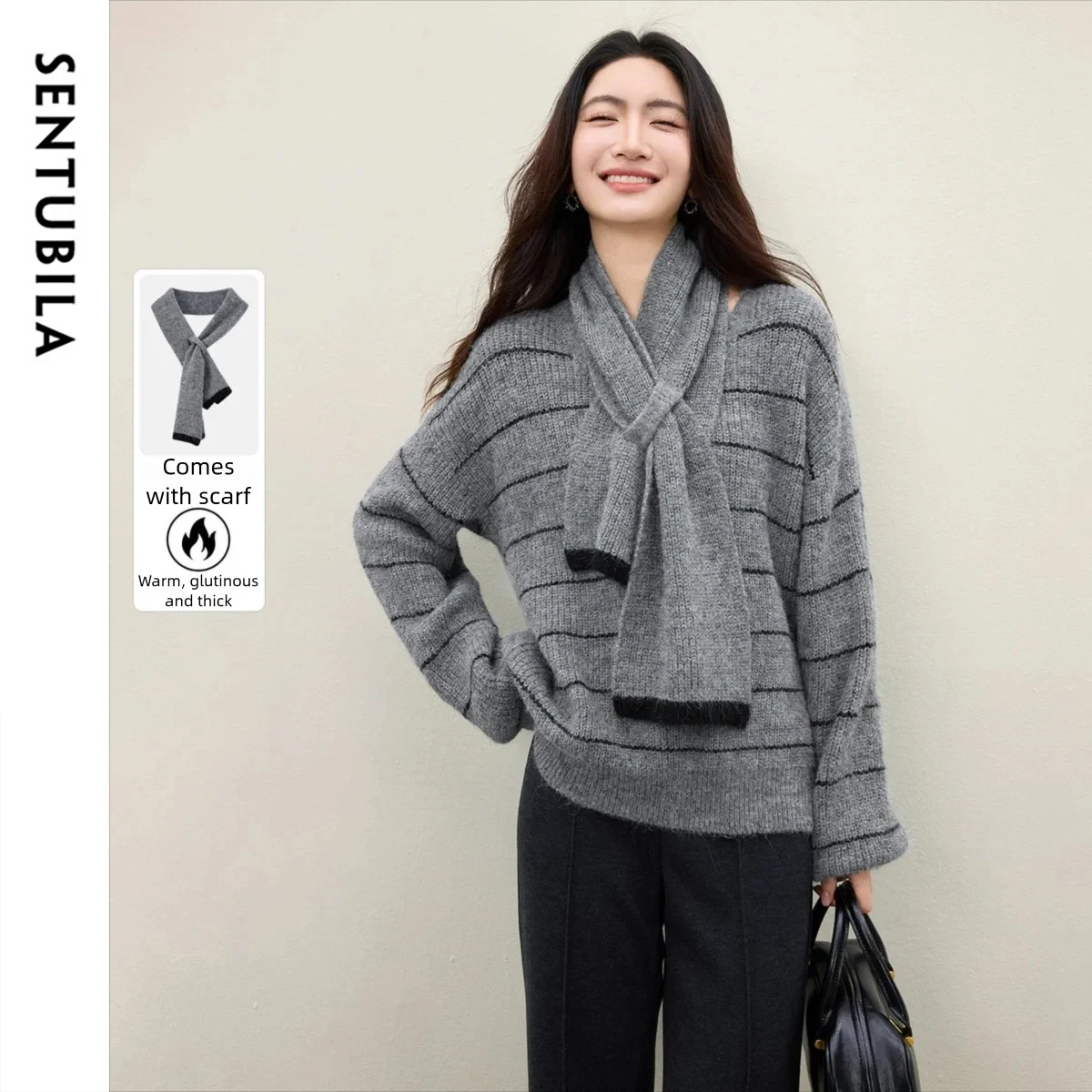 

SENTUBILA женский свитер 2025 съемный шарф в полоску вязаный пуловер с v-образным вырезом красивая женская зимняя одежда W54EE5751