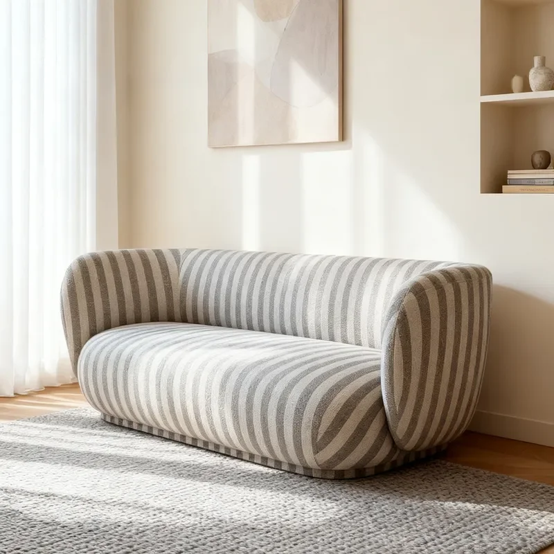 Modern 3 Seater Striped Fabric Sofa for Small Apartment Living Room Compact Home Furniture