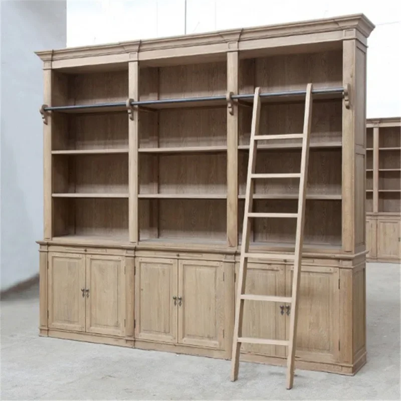 American combination bookcase French solid wood weathered retro three-door large bookshelf European bookcase display furniture
