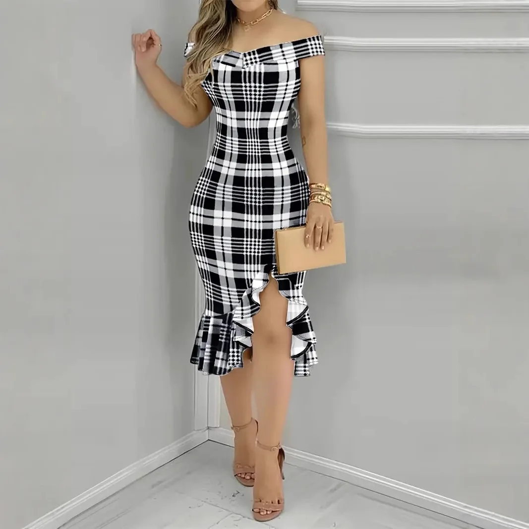 Elegant Floral Print Bodycon Dress Ladies Off Shoulder Front Split Ruffle Hem Midi Party Dress - view 4