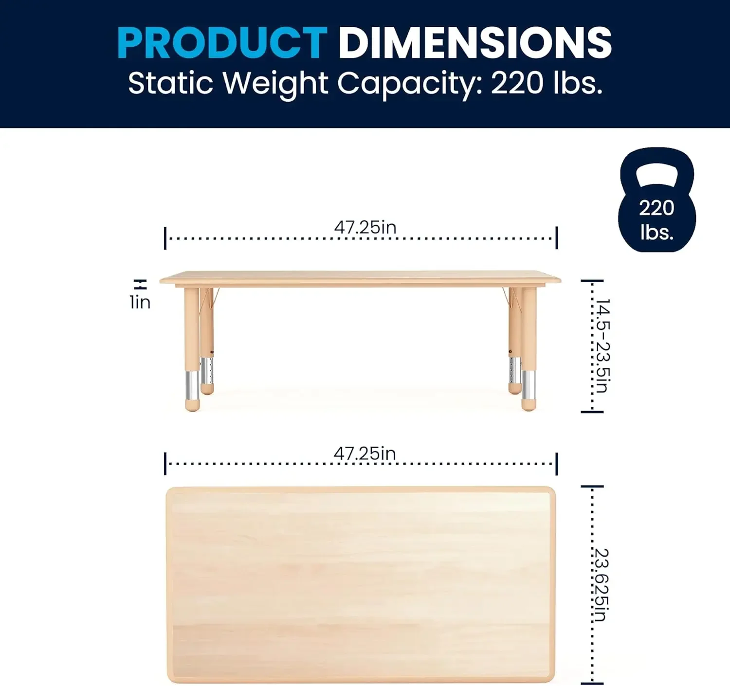 Mesa de atividades para sala de aula de móveis para escola e casa, mesa de atividades de plástico para crianças, 23,625" L x 47,25