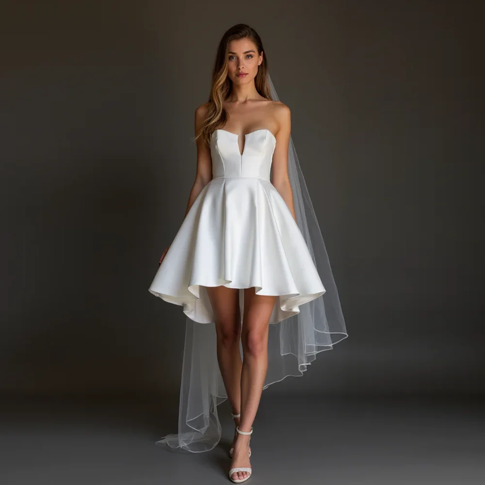 Simple Strapless Wedding Dress Above Knee Length Bride Gowns Customized A Line Zipper Back Mini Satin Lovely Vestidos De Novia