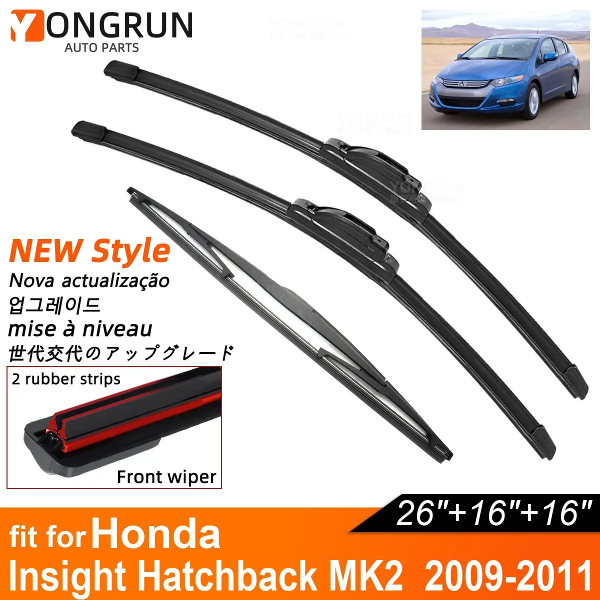 Double Rubber Car Wiper Blades for 2009-2011 Honda Insight Hatchback MK2 Front Rear Windshield Wipers Car Accessories
