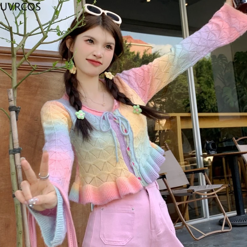 Harajuku Y2k Rainbow Knitted Cardigan Women Kawaii Lace-up Hplloow Out Ruffle Flare Long Sleeve Sweater Coat Casual Knitwear Top