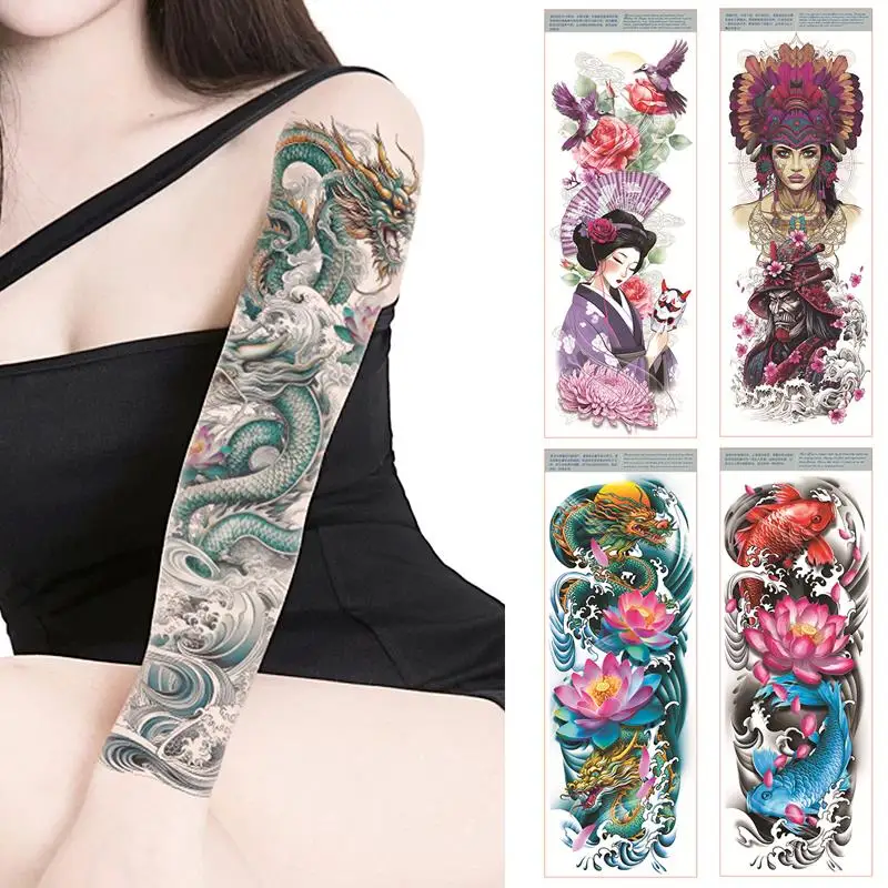 HOT Sexy Long Full Arm Rose Clock Temporary Tattoos For Men Women Waterproof Tattoos Lion Tiger Anime Large Fake Tattoo Stickers