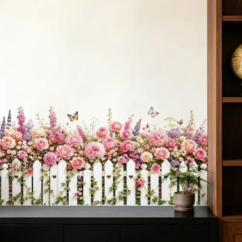 Waterproof Self Adhesive Pink Rose Fence Wall Sticker With Butterfly Pattern For Living Room Bedroom Baseboard Home Decoration