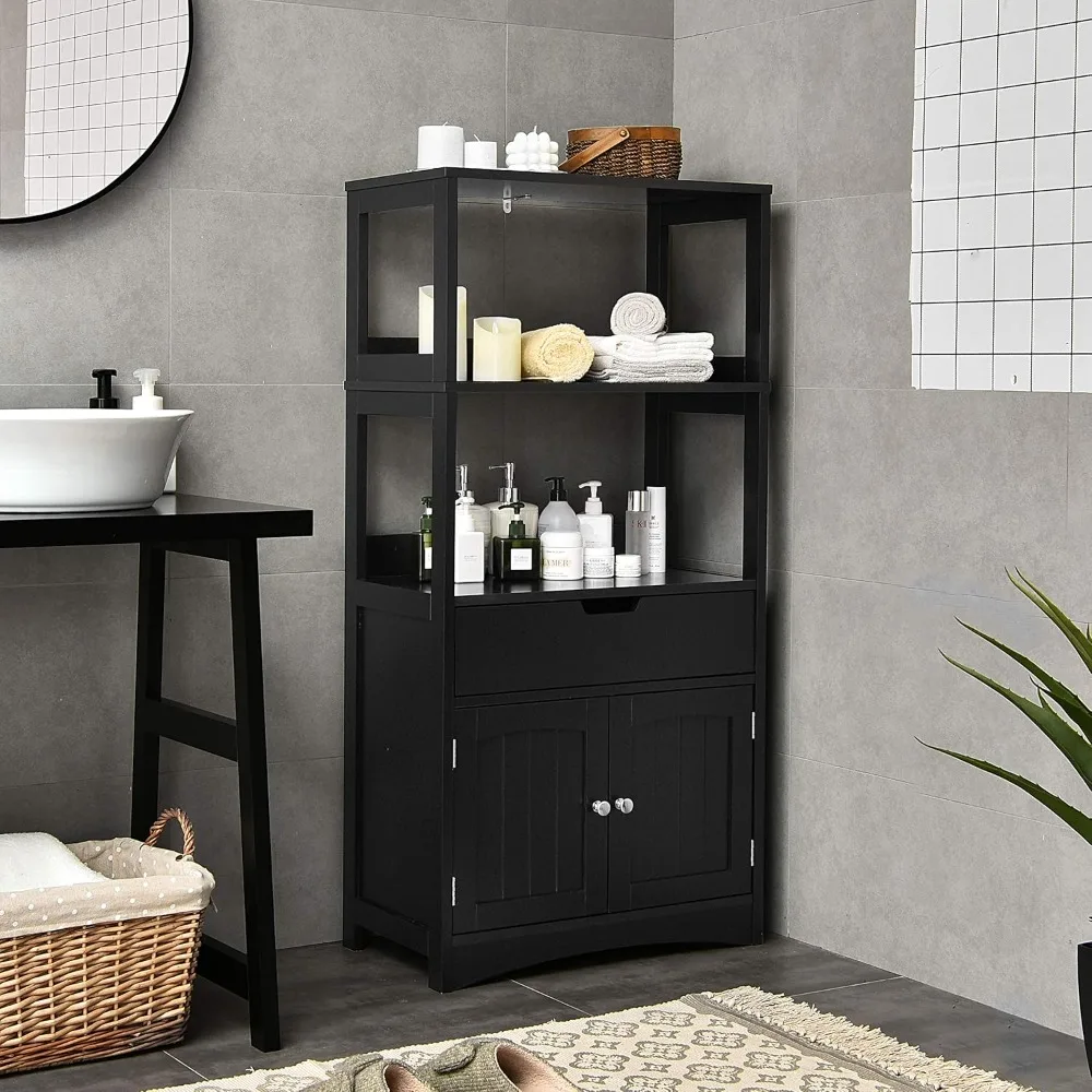 

Bathroom Floor Cabinet with Drawer, 2 Open Shelves and Door Cupboard, Multipurpose Free Standing Storage Cabinet, Customized