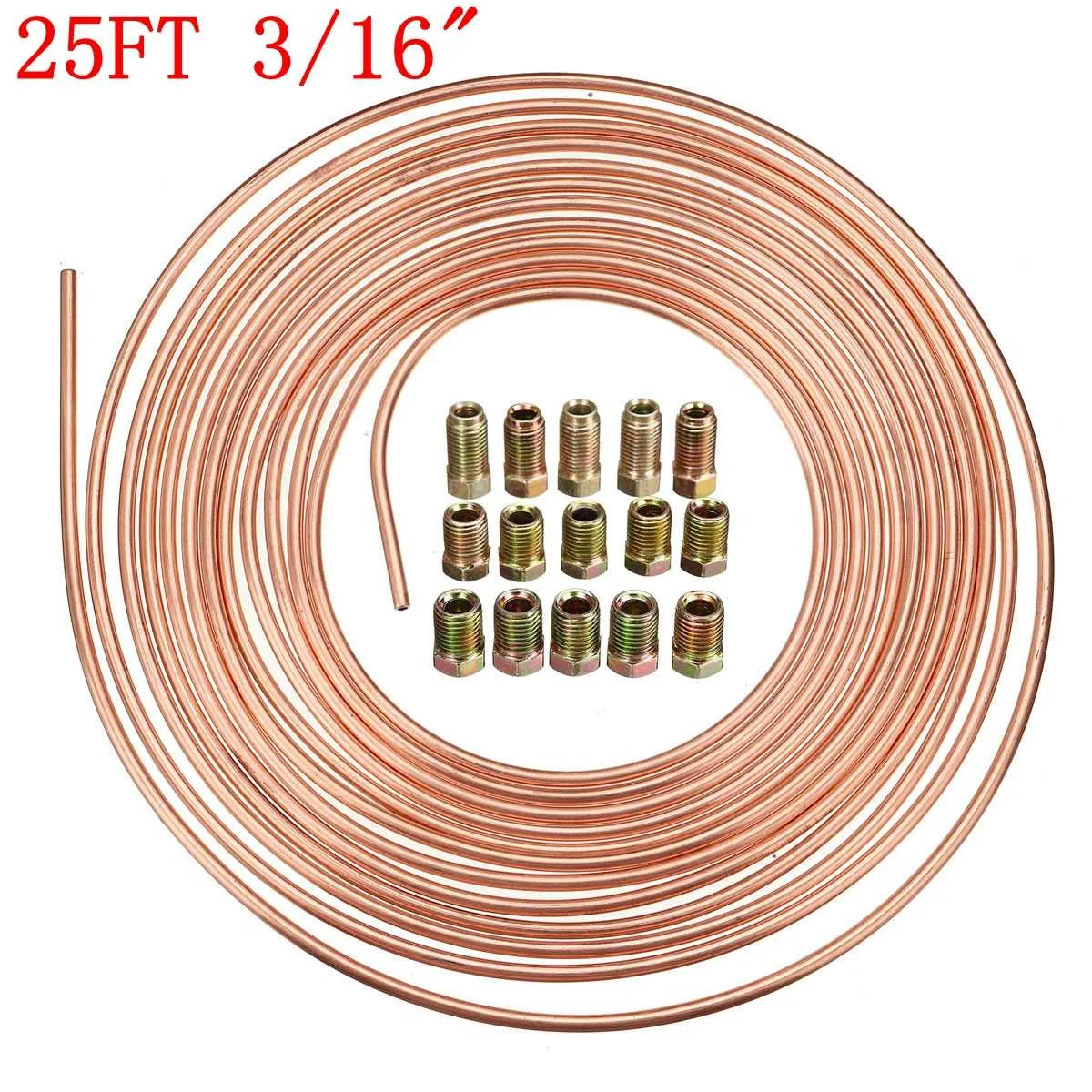 Universal 7.62m 25Ft Copper Brake Line Tubing Kit Fitting 3/16