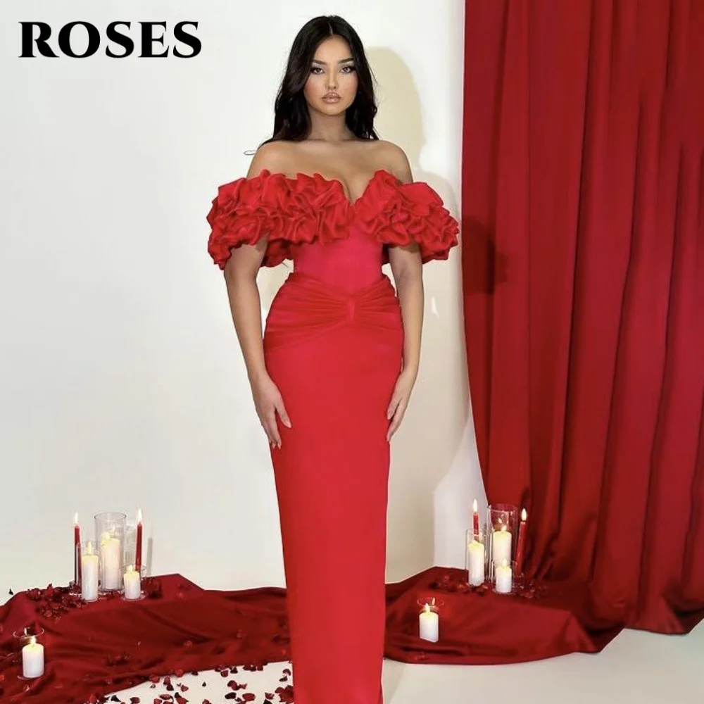 

ROSES Red Elegant Evening Gown 3D-Flowers Off the Shoulder Prom Dress Satin Mermaid Evening Dresses for Woman 프롬 드레스 Customized